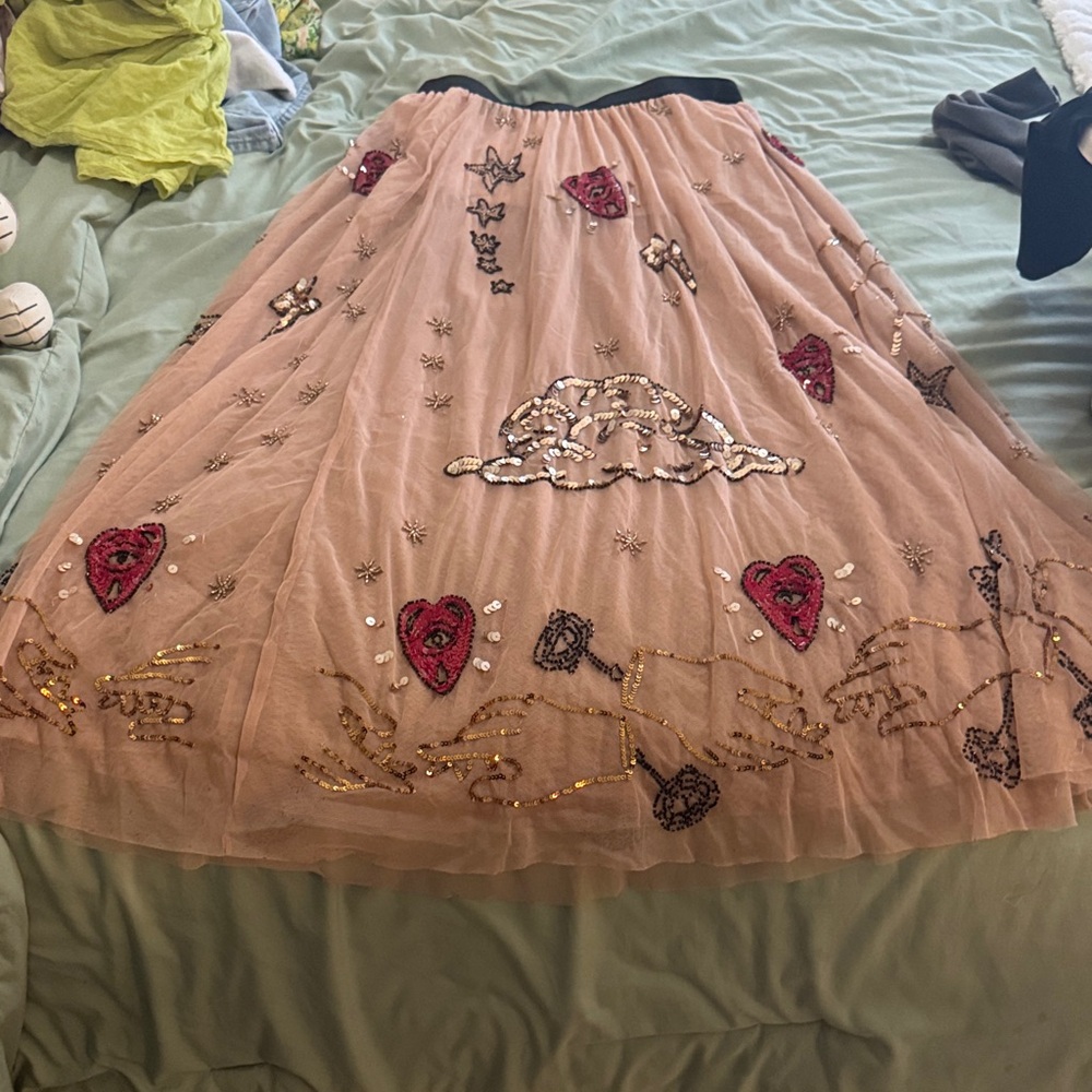 Urban Outfitters Pink Embroidered A-Line Skirt